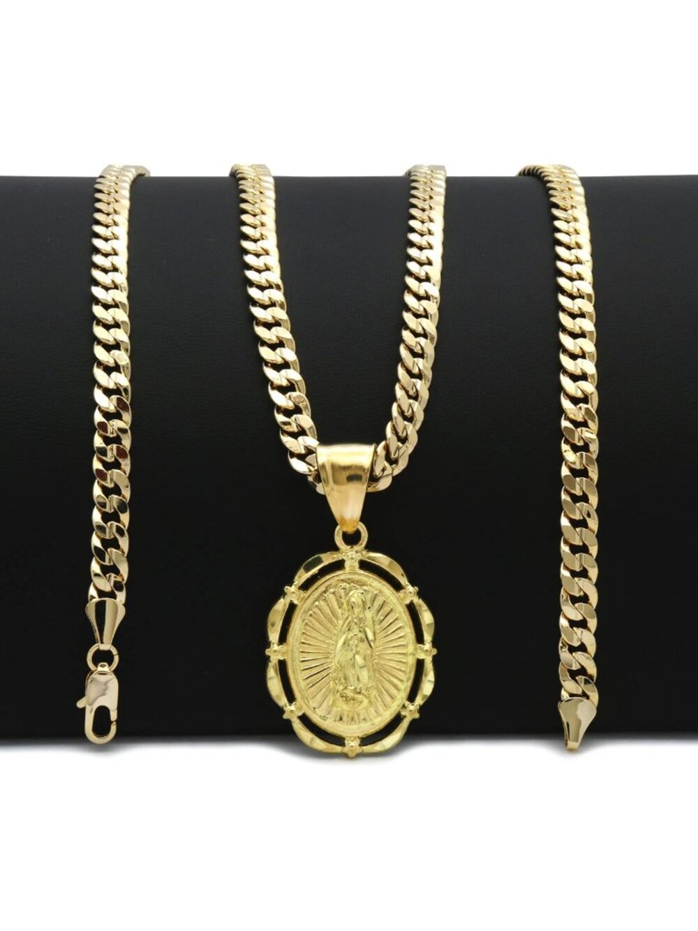 Gold Plated Oval Guadalupe Pendant & 24” Cuban Chain